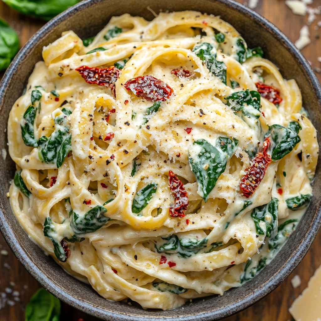 Creamy Spinach and Sun-Dried Tomato Fettuccine Alfredo